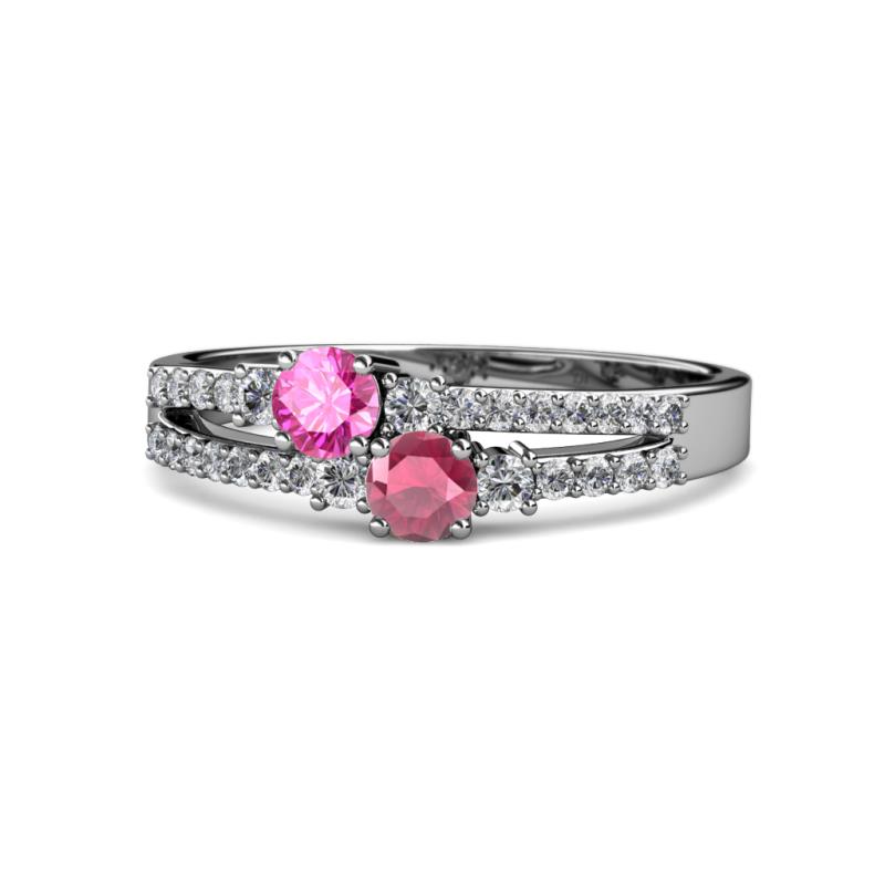 Zaira Pink Sapphire and Rhodolite Garnet with Side Diamonds Split Shank Ring 