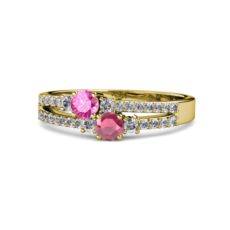 Zaira Pink Sapphire and Rhodolite Garnet with Side Diamonds Split Shank Ring 