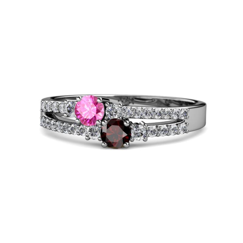 Zaira Pink Sapphire and Red Garnet with Side Diamonds Split Shank Ring 