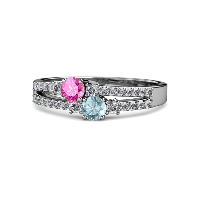 Zaira Pink Sapphire and Aquamarine with Side Diamonds Split Shank Ring 