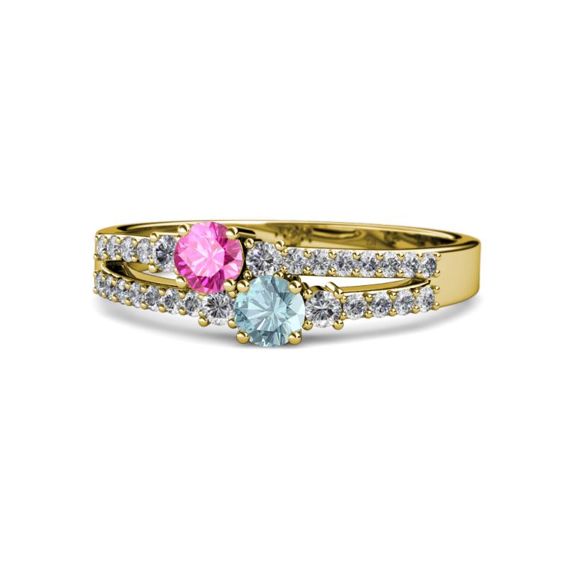 Zaira Pink Sapphire and Aquamarine with Side Diamonds Split Shank Ring 