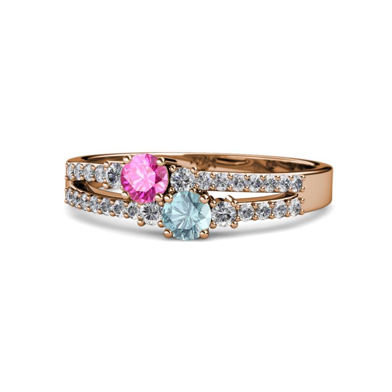 Zaira Pink Sapphire and Aquamarine with Side Diamonds Split Shank Ring 