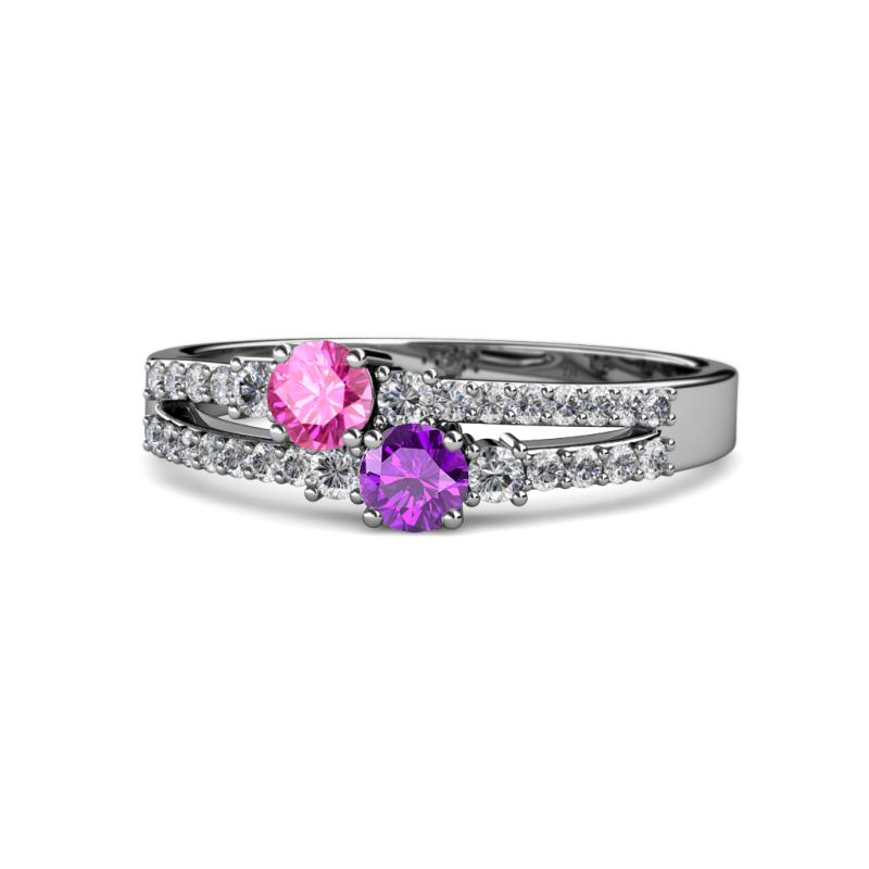 Zaira Pink Sapphire and Amethyst with Side Diamonds Split Shank Ring 