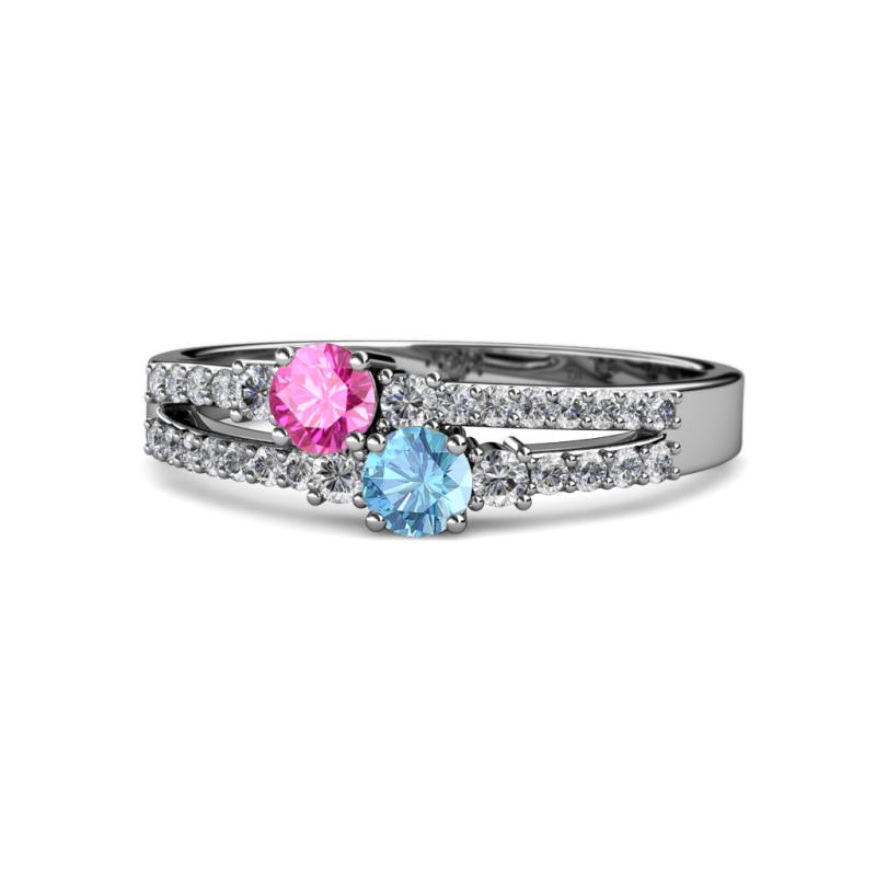 Zaira Pink Sapphire and Blue Topaz with Side Diamonds Split Shank Ring 