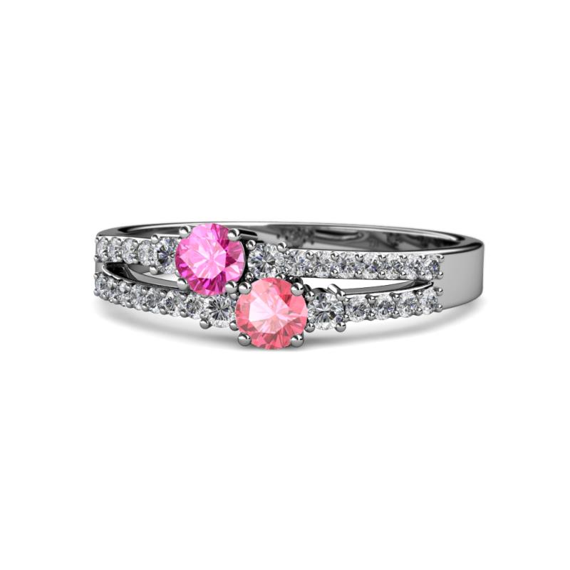 Zaira Pink Sapphire and Pink Tourmaline with Side Diamonds Split Shank Ring 
