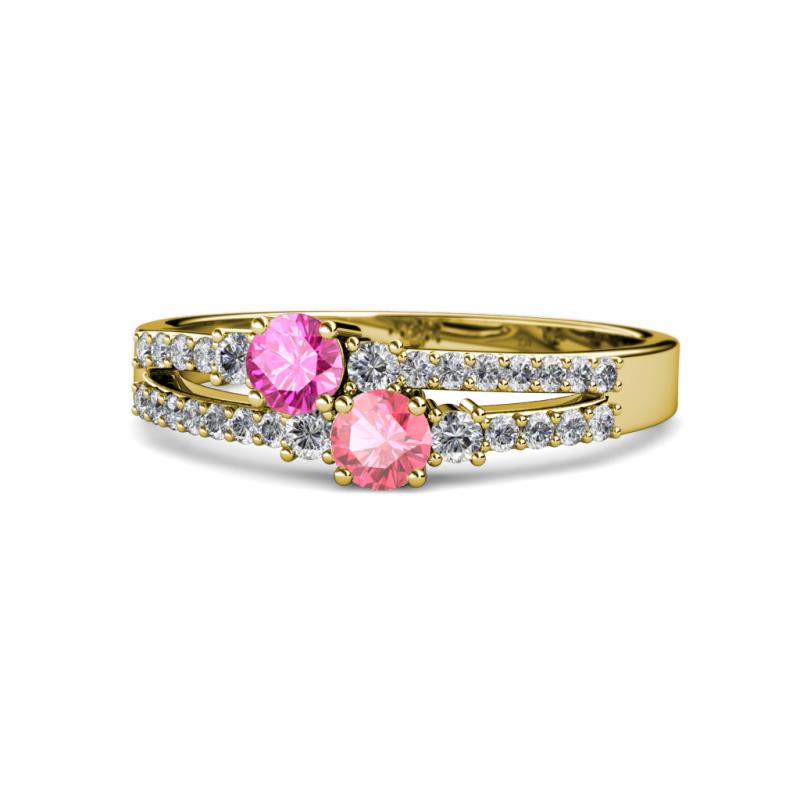 Zaira Pink Sapphire and Pink Tourmaline with Side Diamonds Split Shank Ring 