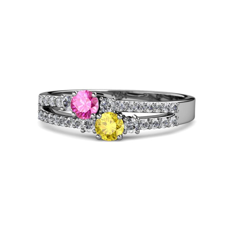 Zaira Pink and Yellow Sapphire with Side Diamonds Split Shank Ring 