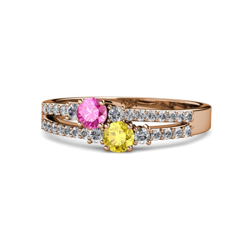 Zaira Pink and Yellow Sapphire with Side Diamonds Split Shank Ring 