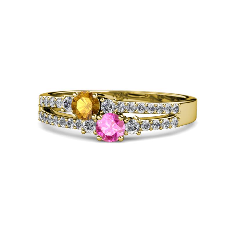 Zaira Citrine and Pink Sapphire with Side Diamonds Split Shank Ring 