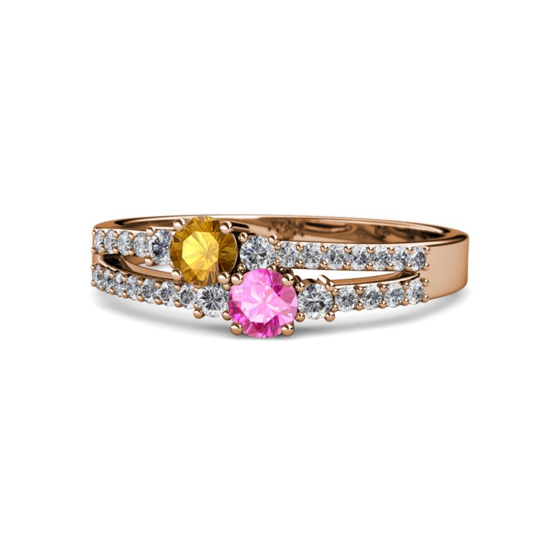 Zaira Citrine and Pink Sapphire with Side Diamonds Split Shank Ring 