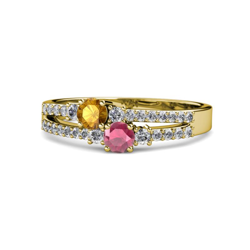 Zaira Citrine and Rhodolite Garnet with Side Diamonds Split Shank Ring 