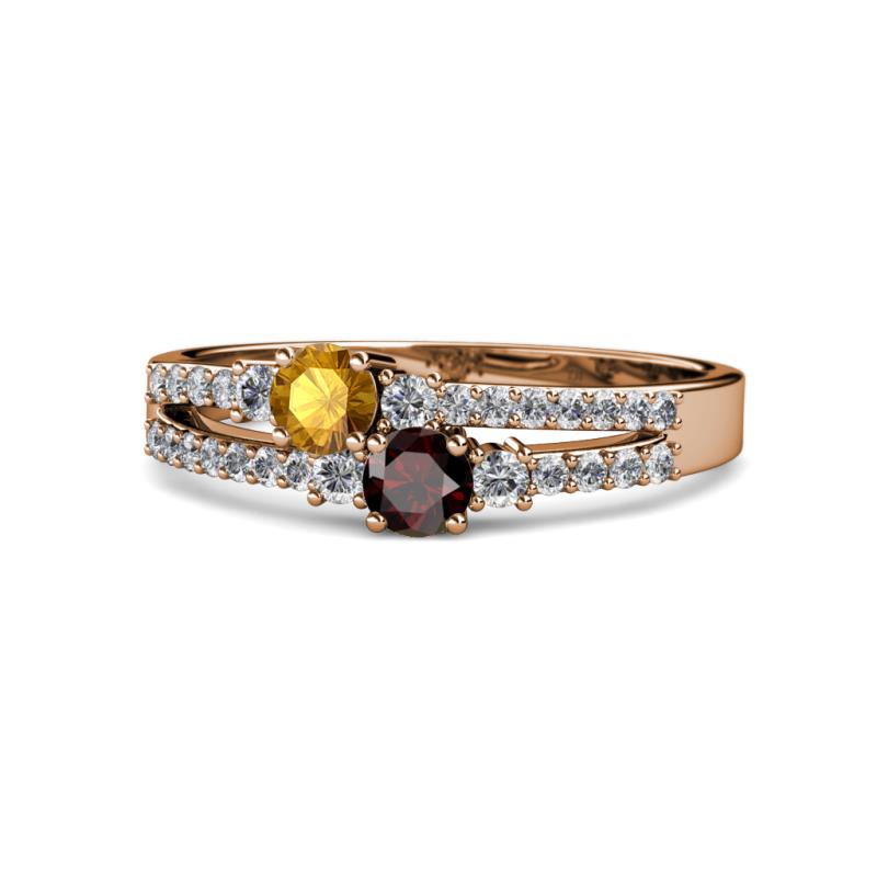 Zaira Citrine and Red Garnet with Side Diamonds Split Shank Ring 