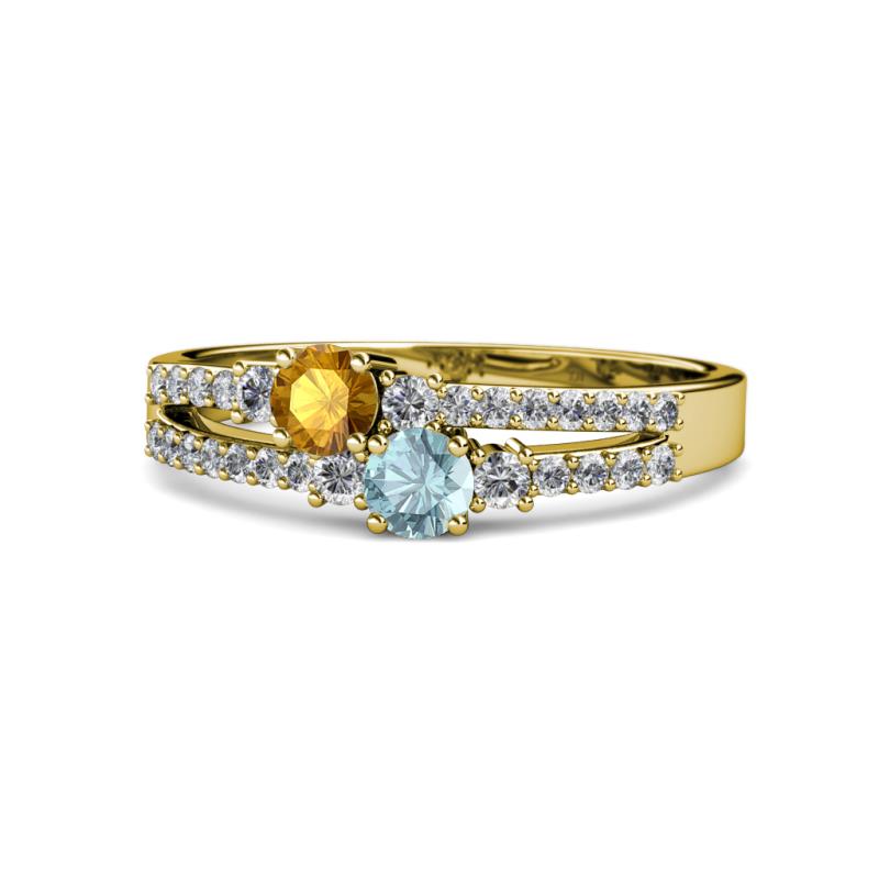 Zaira Citrine and Aquamarine with Side Diamonds Split Shank Ring 