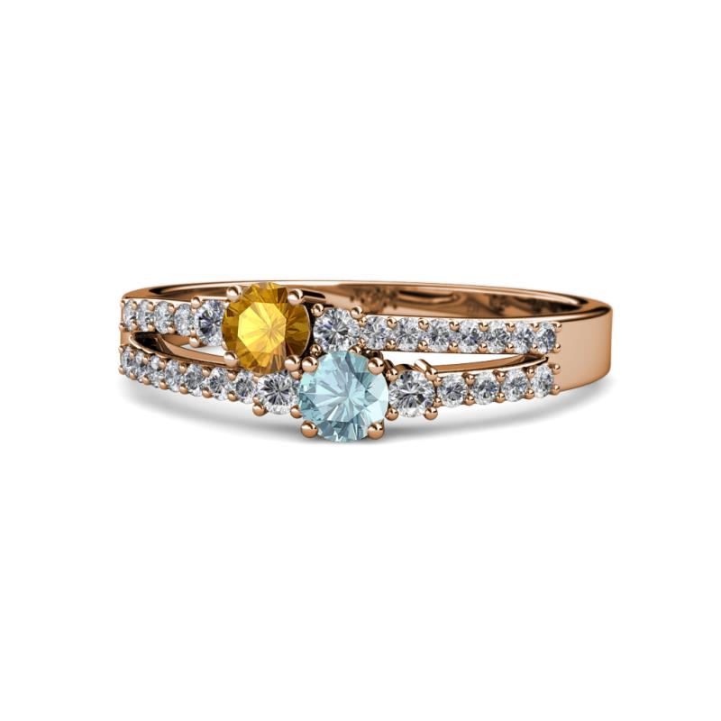 Zaira Citrine and Aquamarine with Side Diamonds Split Shank Ring 