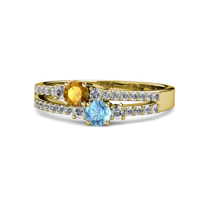 Zaira Citrine and Blue Topaz with Side Diamonds Split Shank Ring 