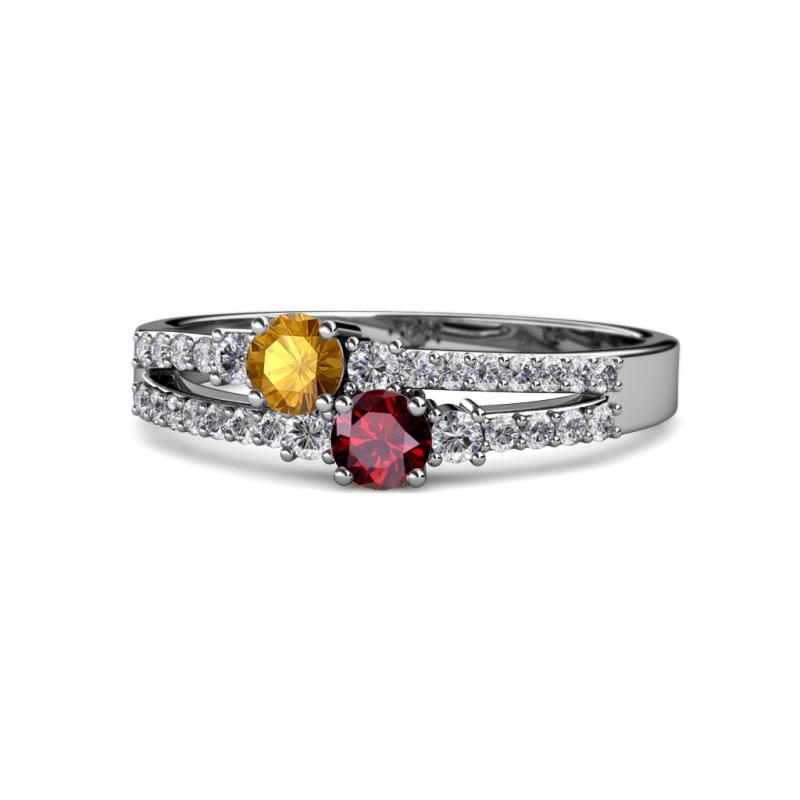 Zaira Citrine and Ruby with Side Diamonds Split Shank Ring 