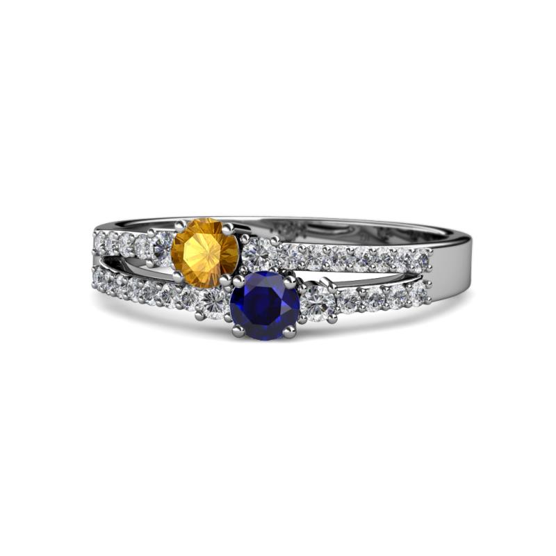 Zaira Citrine and Blue Sapphire with Side Diamonds Split Shank Ring 