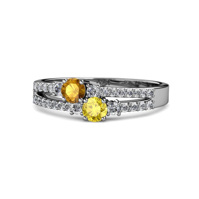 Zaira Citrine and Yellow Sapphire with Side Diamonds Split Shank Ring 