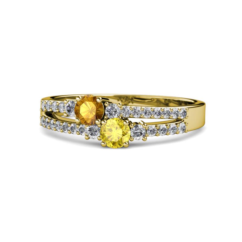 Zaira Citrine and Yellow Sapphire with Side Diamonds Split Shank Ring 