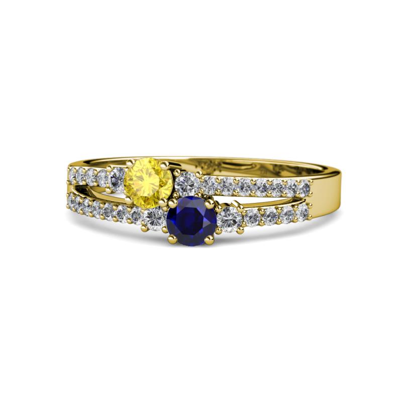 Zaira Yellow and Blue Sapphire with Side Diamonds Split Shank Ring 