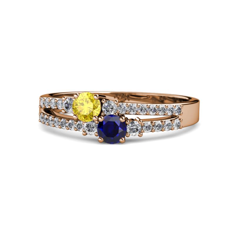 Zaira Yellow and Blue Sapphire with Side Diamonds Split Shank Ring 