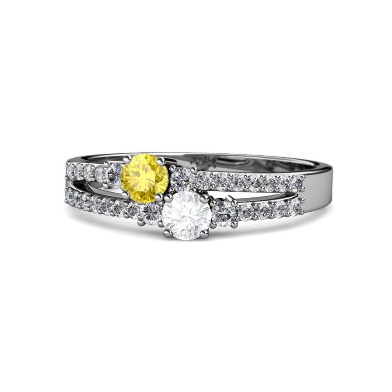 Zaira Yellow and White Sapphire with Side Diamonds Split Shank Ring 