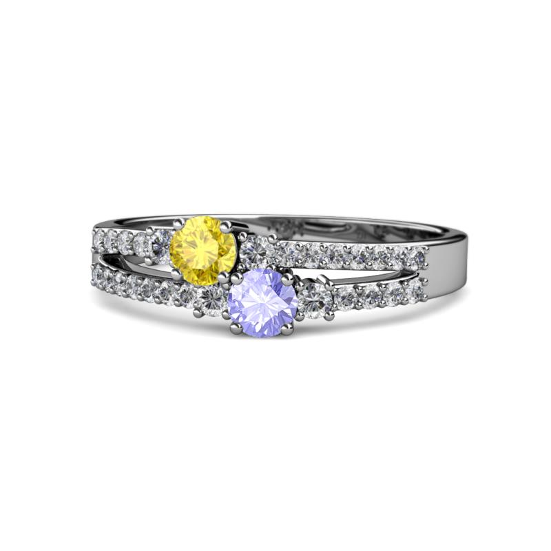 Zaira Yellow Sapphire and Tanzanite with Side Diamonds Split Shank Ring 