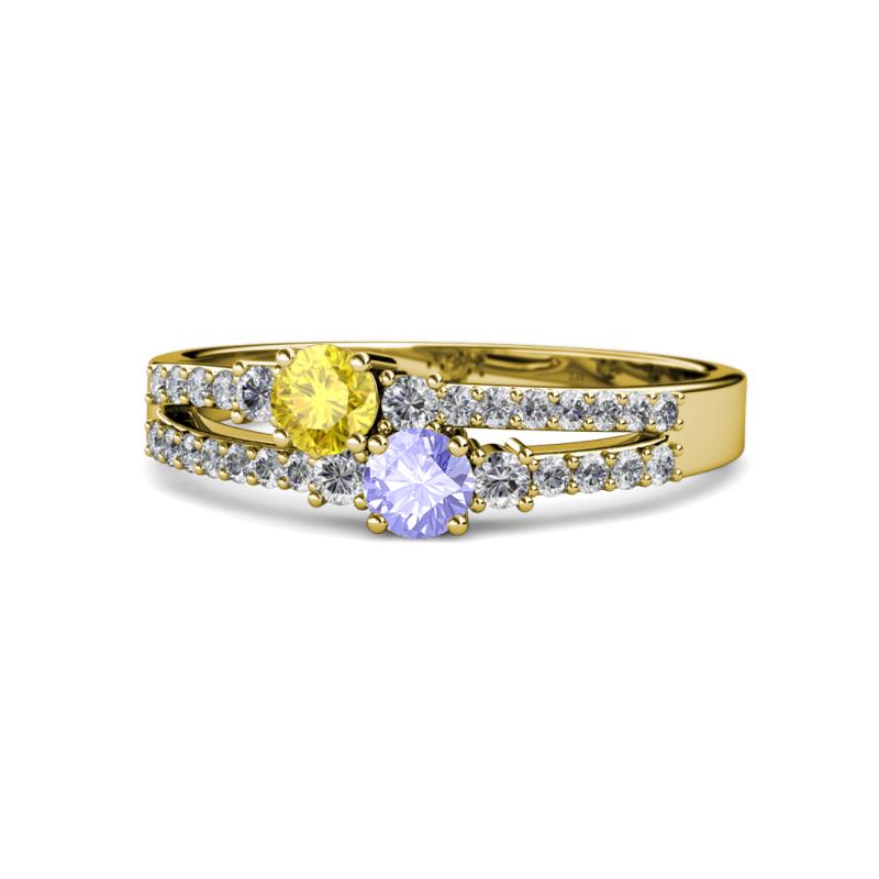 Zaira Yellow Sapphire and Tanzanite with Side Diamonds Split Shank Ring 