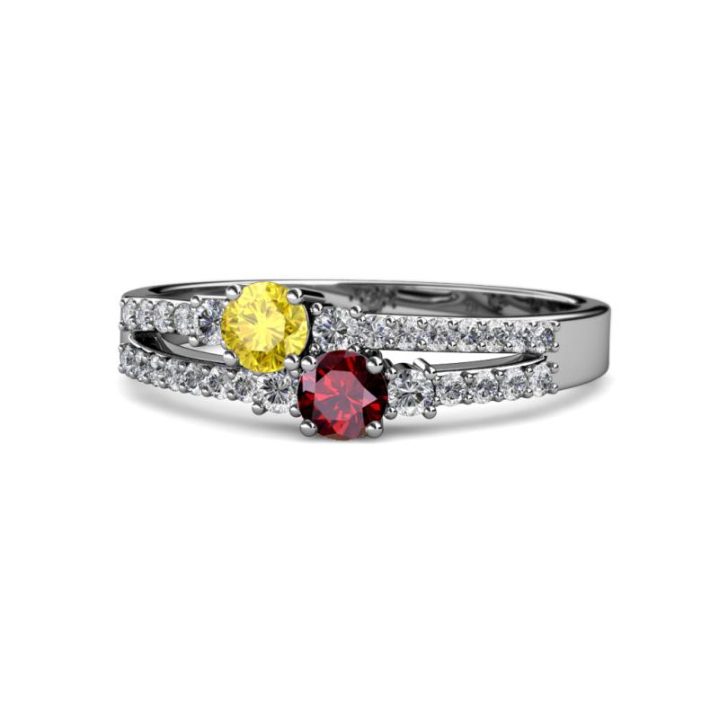 Zaira Yellow Sapphire and Ruby with Side Diamonds Split Shank Ring 