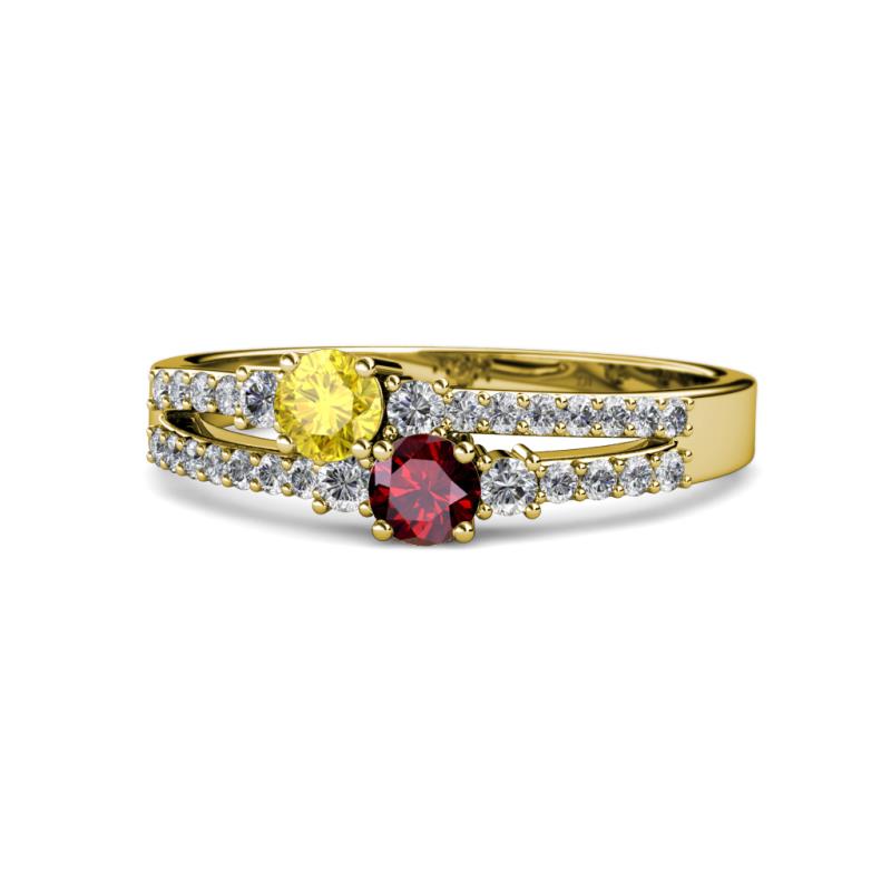 Zaira Yellow Sapphire and Ruby with Side Diamonds Split Shank Ring 