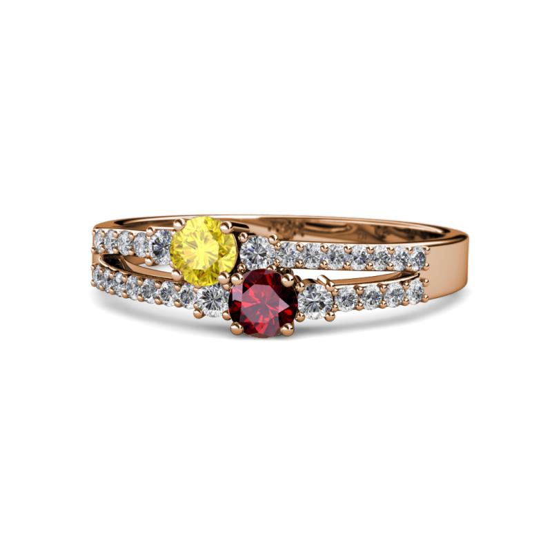 Zaira Yellow Sapphire and Ruby with Side Diamonds Split Shank Ring 