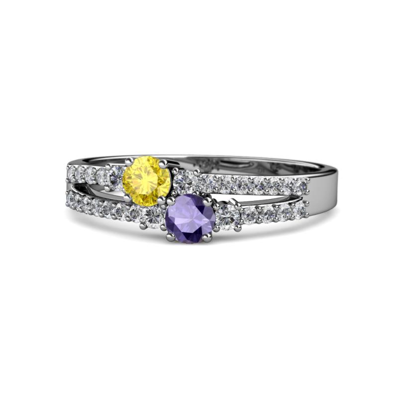 Zaira Yellow Sapphire and Iolite with Side Diamonds Split Shank Ring 