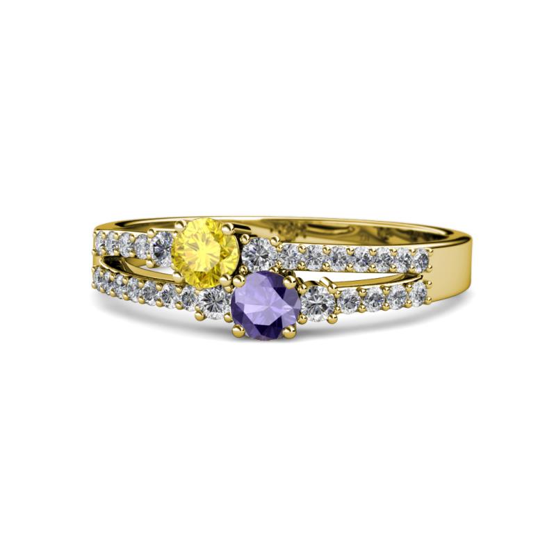 Zaira Yellow Sapphire and Iolite with Side Diamonds Split Shank Ring 