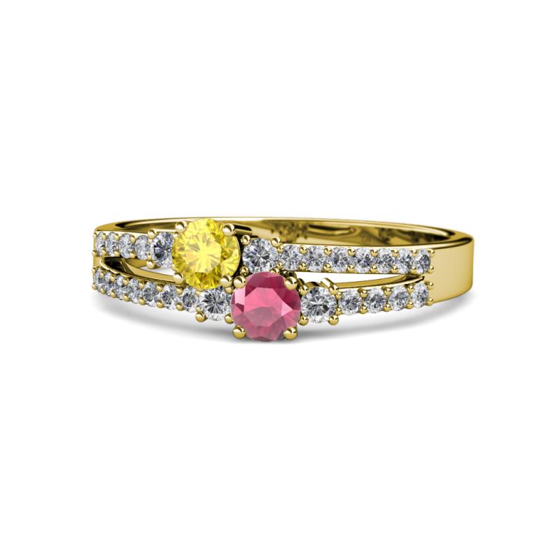 Zaira Yellow Sapphire and Rhodolite Garnet with Side Diamonds Split Shank Ring 