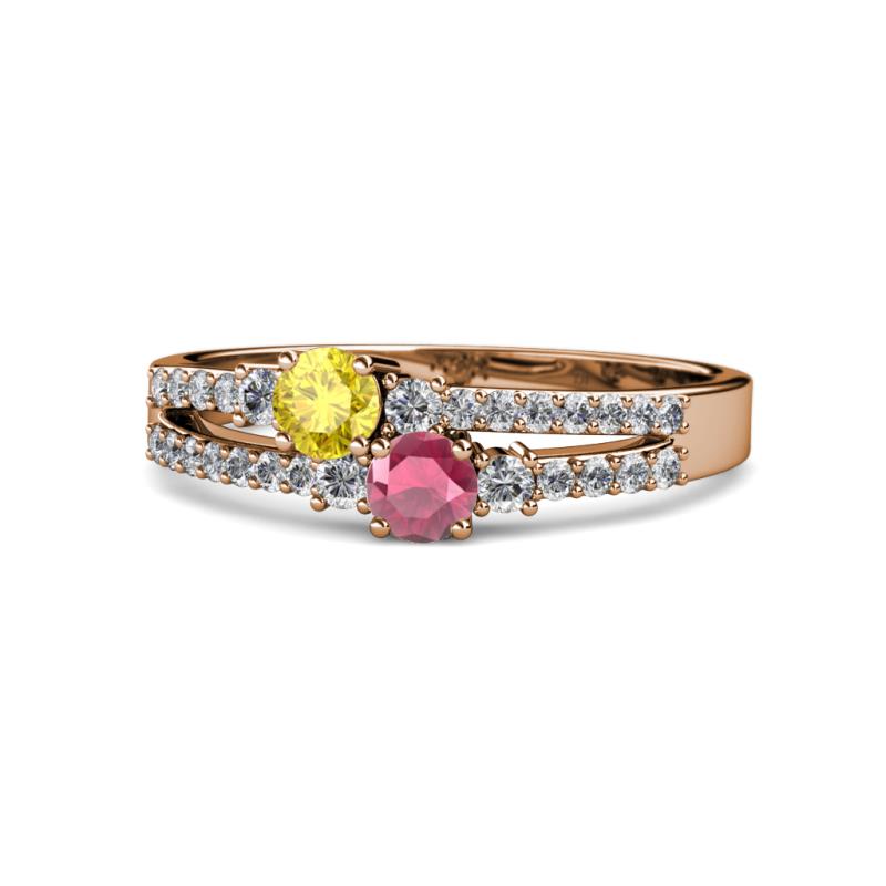 Zaira Yellow Sapphire and Rhodolite Garnet with Side Diamonds Split Shank Ring 