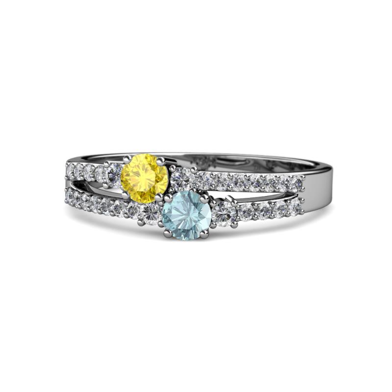 Zaira Yellow Sapphire and Aquamarine with Side Diamonds Split Shank Ring 