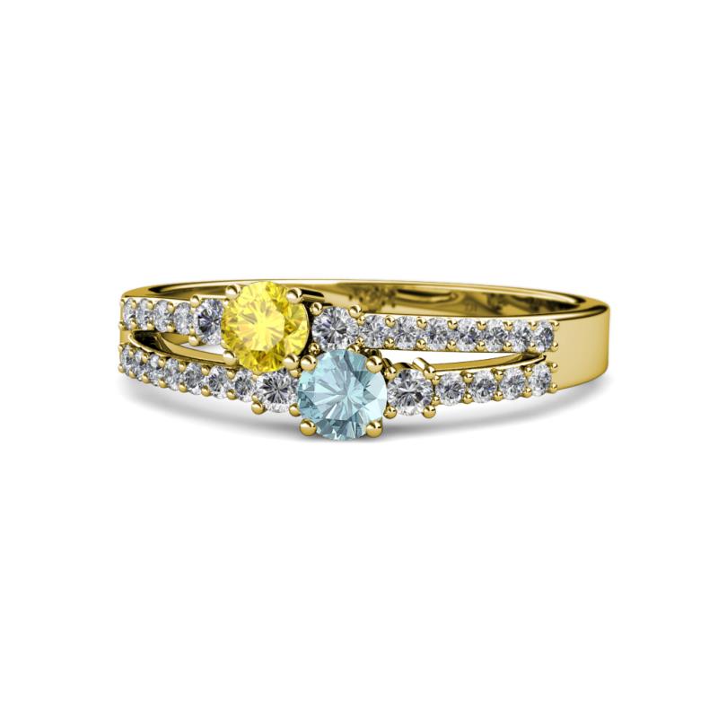 Zaira Yellow Sapphire and Aquamarine with Side Diamonds Split Shank Ring 
