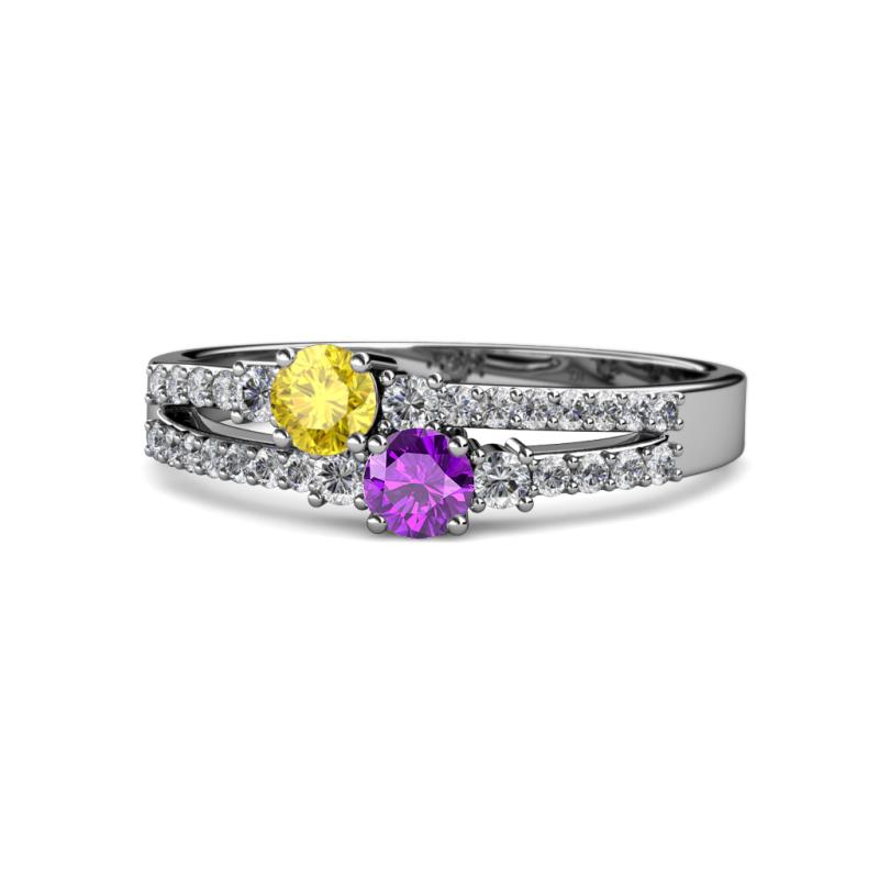 Zaira Yellow Sapphire and Amethyst with Side Diamonds Split Shank Ring 