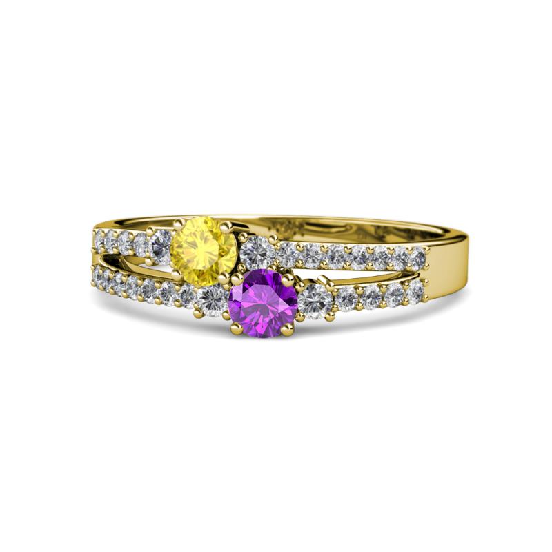 Zaira Yellow Sapphire and Amethyst with Side Diamonds Split Shank Ring 