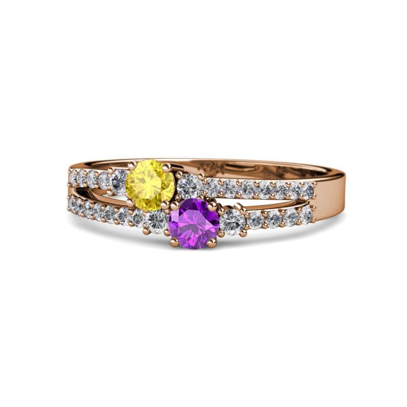 Zaira Yellow Sapphire and Amethyst with Side Diamonds Split Shank Ring 