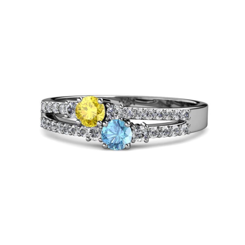 Zaira Yellow Sapphire and Blue Topaz with Side Diamonds Split Shank Ring 