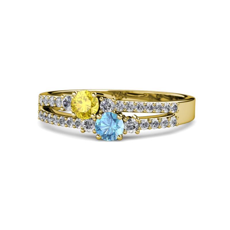 Zaira Yellow Sapphire and Blue Topaz with Side Diamonds Split Shank Ring 