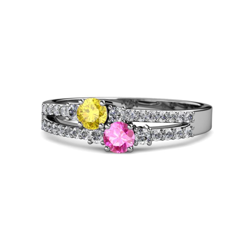 Zaira Yellow and Pink Sapphire with Side Diamonds Split Shank Ring 