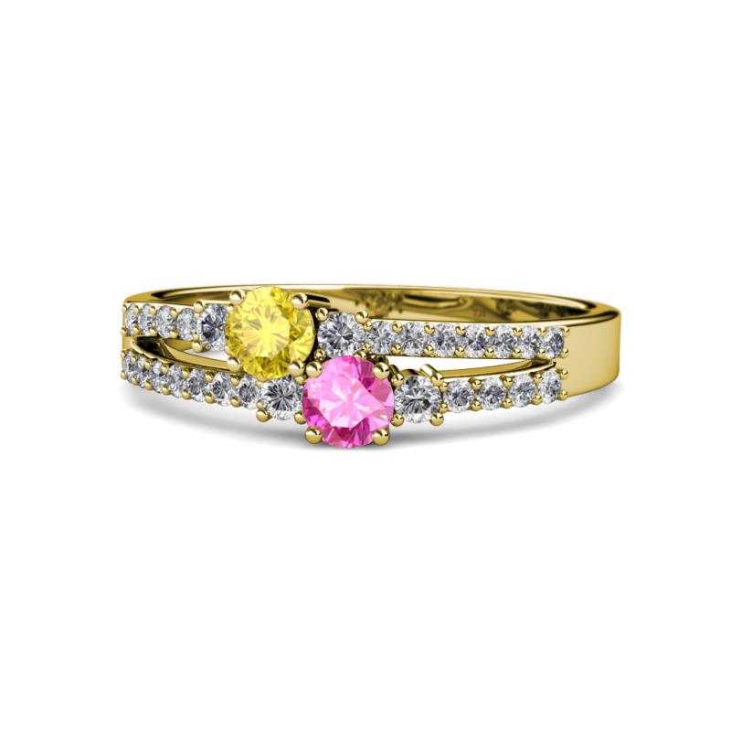 Zaira Yellow and Pink Sapphire with Side Diamonds Split Shank Ring 