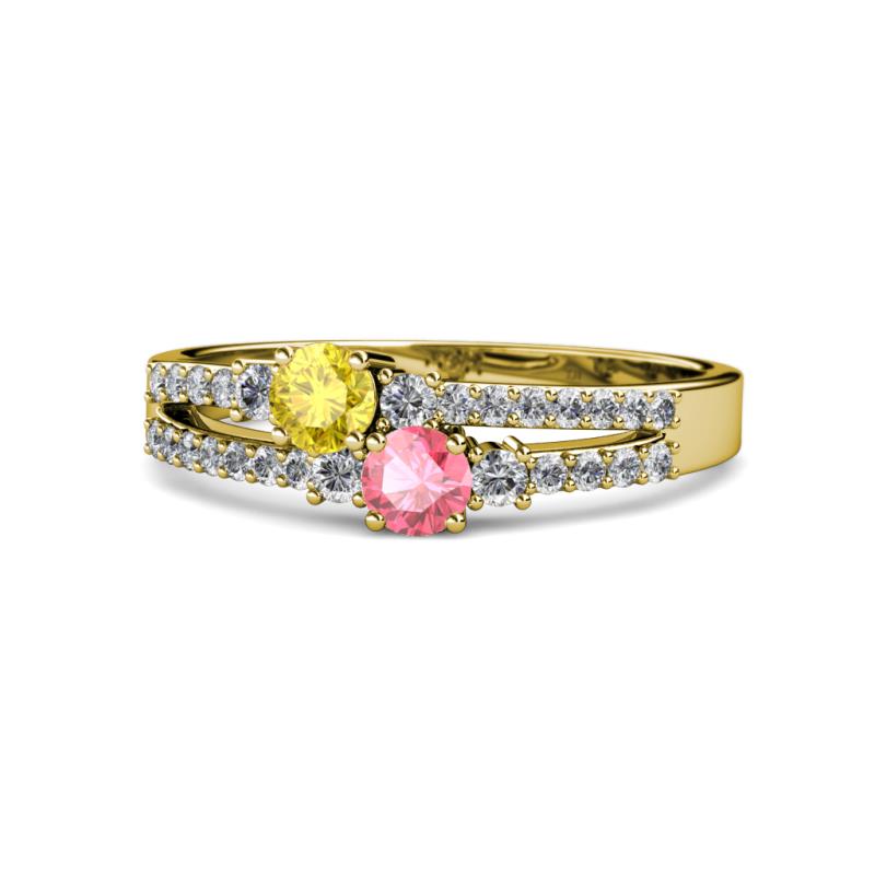 Zaira Yellow Sapphire and Pink Tourmaline with Side Diamonds Split Shank Ring 