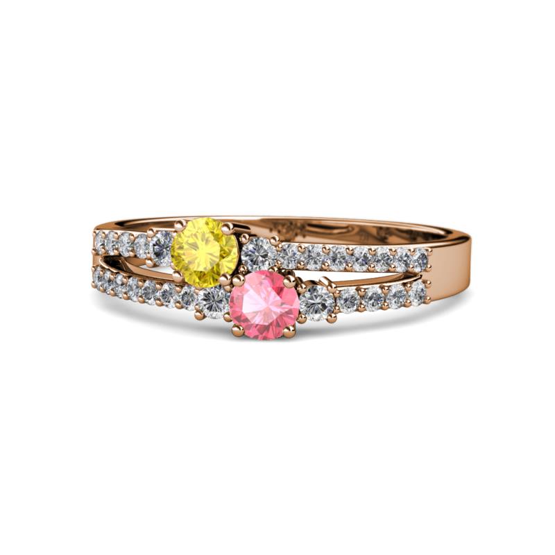 Zaira Yellow Sapphire and Pink Tourmaline with Side Diamonds Split Shank Ring 