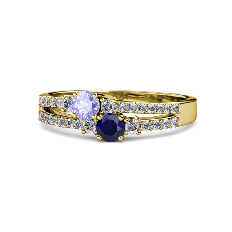 Zaira Tanzanite and Blue Sapphire with Side Diamonds Split Shank Ring 
