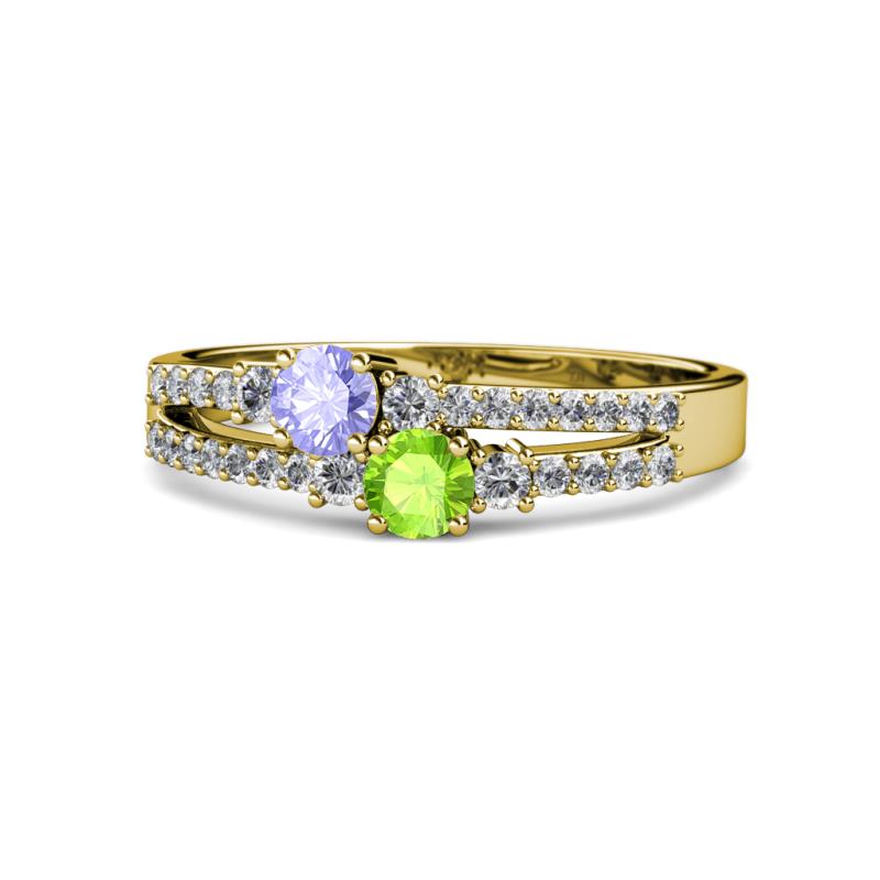 Zaira Tanzanite and Peridot with Side Diamonds Split Shank Ring 