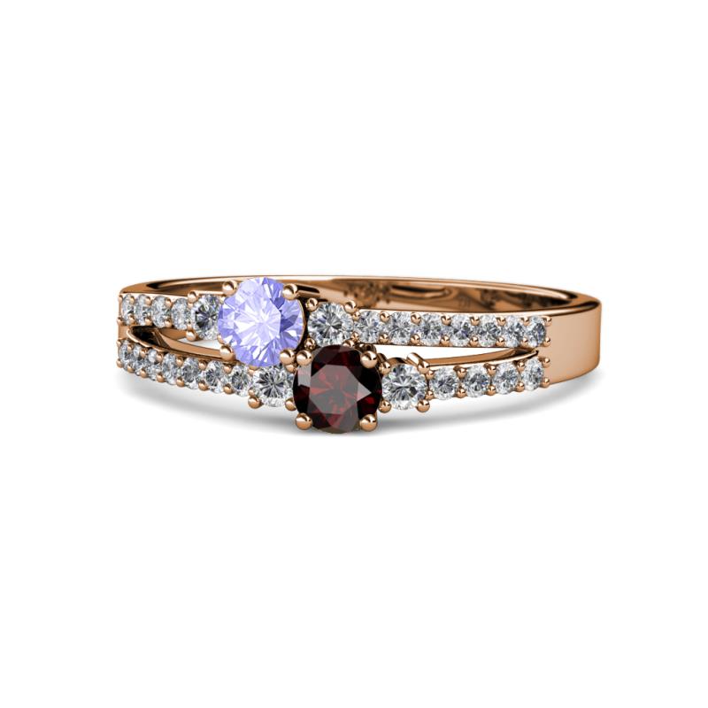 Zaira Tanzanite and Red Garnet with Side Diamonds Split Shank Ring 