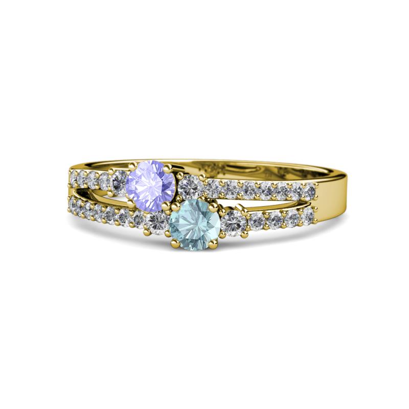 Zaira Tanzanite and Aquamarine with Side Diamonds Split Shank Ring 